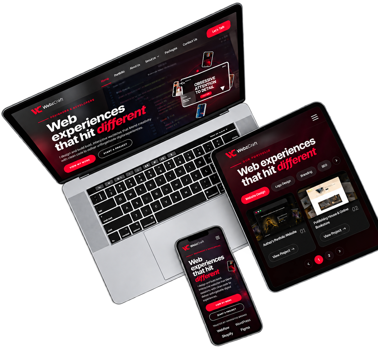 WebzCraft responsive website design shown on laptop, tablet and mobile